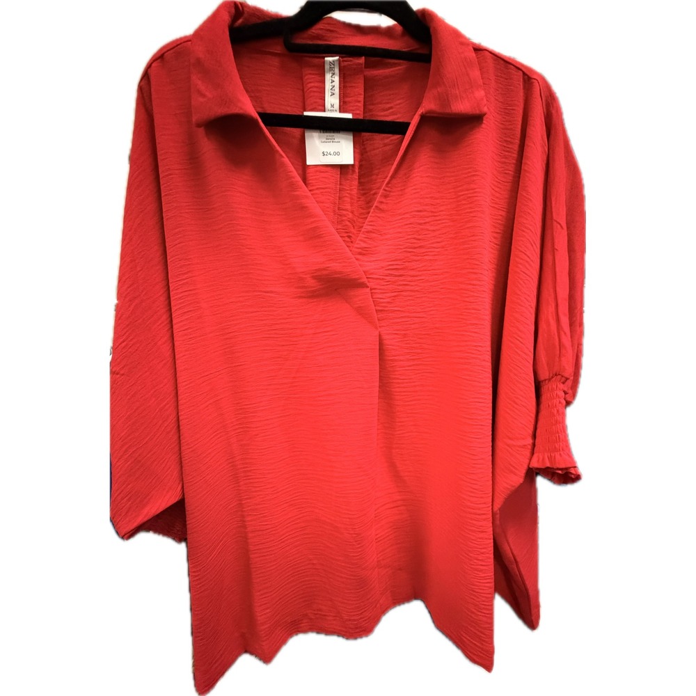 Zenana Red Crinkle Collared Blouse Oversized Dolman Smocked Cuff V-Neck Top M